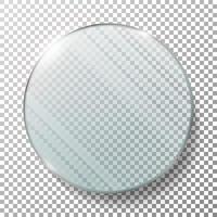 Transparent Round Circle Vector Realistic Illustration. Glass Plate Mock Up Or Plastic Banner. Isolated On Checkered Background. With Reflection And Shadow. Photo Realistic