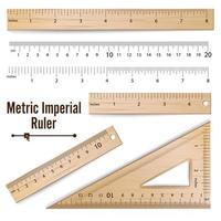 vector de reglas imperiales métricas de madera. centimetro y pulgada. ilustración de equipo de herramientas de medida aislado sobre fondo blanco.