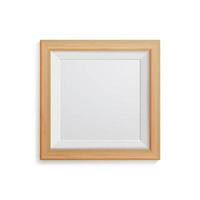 vector de marco de foto realista. marco cuadrado de madera clara en blanco, colgado en la pared blanca desde el frente. plantilla de diseño para maqueta.