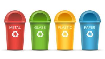 papeleras de reciclaje vector aislado. conjunto de cubos rojos, verdes, azules, amarillos y blancos. para la clasificación de residuos de reciclaje de papel, vidrio, metal y plástico. aislado
