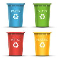 Multicolored Recycling Bins Vector. 3D Realistic. Set Of Red, Green, Blue, Yellow Buckets. For Paper, Glass, Metal, Plastic Sorting. Isolated On White vector