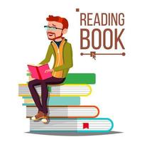 Man Reading Book Vector. Giant Stack Of Books. Library. Learning. Isolated Flat Cartoon Illustration vector