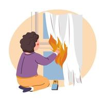 Kid playing with matches, dangerous objects at home vector