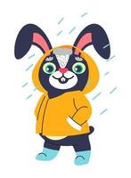 Bunny character in raincoat standing under rain vector