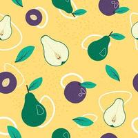 Plums and pears with leaves, seamless pattern vector