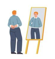 Man looking at reflection in mirror, self embrace vector