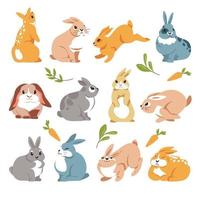 Rabbits jumping and sitting, hares characters vector