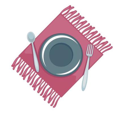Tablecloth and plate with spoon and fork vector