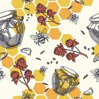 Honey and jar with bee tasty organic products vector