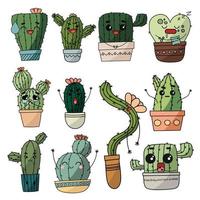 Cute happy smiling cactus emotions set collection. vector