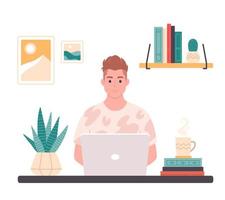 Man working with computer. Home office, freelance, remote working, programming, customer service, online career vector