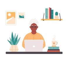 Black old woman working on computer at home. Online education, web courses, remote working, modern technologies and old people vector