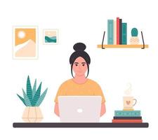 mujer asiática trabajando con computadora. oficina en casa, freelance, trabajo remoto, programación, servicio al cliente, carrera en línea. vector