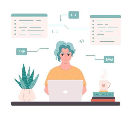 Woman working on laptop. Woman IT developer. Programming code. Freelance, remote working