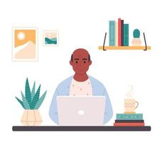 Old black man working on computer at home. Online education, web courses, remote working, modern technologies and old people vector