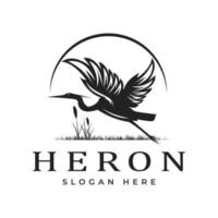 Vintage Flying Stork Heron Silhouette Bird Lake Creek Sunset logo design template vector