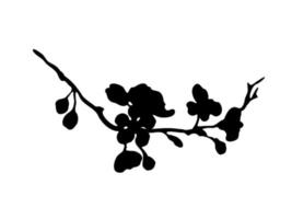 Cherry blossom branch monochrome flat silhouette on white background. Hand drawn sakura vector illustration.