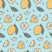 Summer citrus fruit seamless pattern with lemon, slices, leaves, seeds hand drawn pale yellow fruit pieces on mint background vector