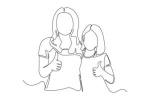 Continuous one line drawing mommy and  daughter hold thumb fingers raised up. Raising teens concept. Single line draw design vector graphic illustration.
