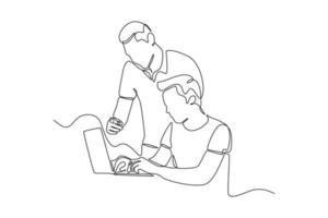 Continuous one line drawing Happy father shows how to use a laptop to his son. Raising teens concept. Single line draw design vector graphic illustration.