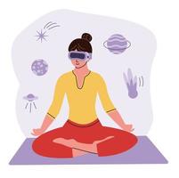 Person in VR headset and virtual reality experience. A woman in the lotus position exploring cyber space. vector