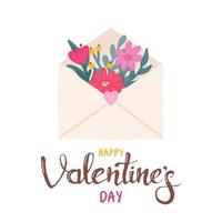 Flowers in an open envelope with hand lettering. Cute Valentines Day greeting card vector