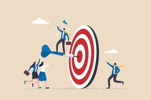 Achievement, reaching goal or meet target, winning business challenge, success or teamwork helping to achieve target concept, success businessman holding winning flag on dart hitting bullseye target. vector