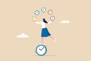 Time management for best efficiency and productivity, manage project and control timeline or schedule, speed or fast work concept, businesswoman juggling clocks and balance herself on the clock. vector