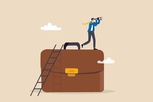 Career future, hope for work success or search for career path, ambition to find work opportunity, job promotion or business strategy concept, businessman climb up on briefcase see through binoculars. vector