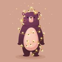 Cute bear with fireflies, funny teddy bear, vector illustration