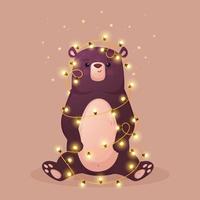 Cute bear with fireflies, funny teddy bear, vector illustration