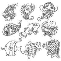 dibujos animados de animales de pescado, vector, garabato, estilo de arte de línea vector