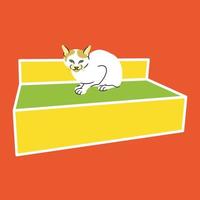 a white cat with brown spots on the ears sitting on a rectangular object like a chair vector