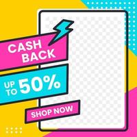 Social media post template in retro design style. Feed template with cashback text. vector