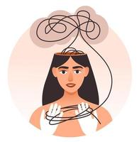 una chica con pensamientos confusos. líneas conectadas complejas y desordenadas como concepto de resolución del caos. ilustración vectorial vector