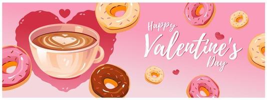 café con corazón de espuma y donuts. postre para el día de san valentín. plantilla para un banner web, postal, publicación en una red social. vector