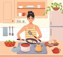 A housewife cooks food in the kitchen. The process of cooking in a home kitchen. Kitchen cooking. The cooking process in the home kitchen. Flat vector illustration.