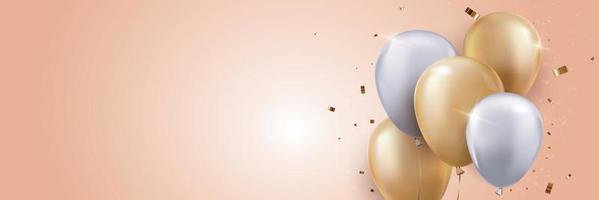 Fondo de globos 3d con confeti y cintas. celebración, presentación del producto espectáculo podio del producto cosmético vector