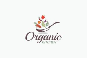 organic kitchen logo with a combination of a frying pan, and organic food ingredients vector