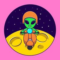 Cute Alien Riding Scooter On Moon Cartoon Vector Icons Illustration. Flat Cartoon Concept. Suitable for any creative project.