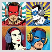 colección de superhéroes con auriculares vector