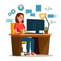 Programmer Woman Vector. Programmer Workspace. Working On Internet Using Laptop. Cartoon Character Illustration vector