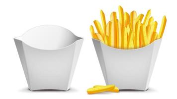 French Fries Vector. White Empty Blank Paper Bag. Fast Food Icons Potato. Empty And Full. Isolated Illustration vector