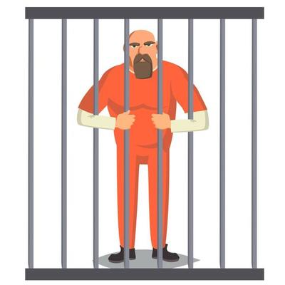 Prisoner Man In Pokey Vector. Outlaw Robber Arrested And Locked. Cartoon Character Illustration