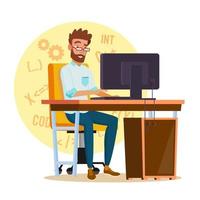 Programmer Man Vector. Stylized Young Developer. Person Working On Computer. Isolated Flat Cartoon Character Illustration vector