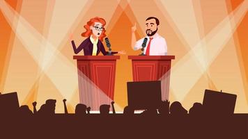 Political Meeting Vector. Debates Concept. Leading Presentation. Tribune. Candidate Speech. People Crowd With Support Banners. Flat Cartoon Illustration vector