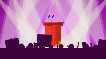 Political Meeting Audience Vector. Empty Tribune. People Crowd With Support Banners. Flat Cartoon Illustration vector