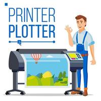 Worker With Plotter Vector. Man. Prints Beautiful Picture, Banner. Print Service. Isolated Flat Cartoon Illustration vector