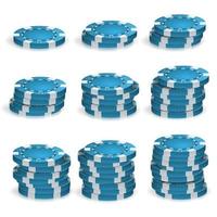 Blue Poker Chips Stacks Vector. 3D Realistic. Round Poker Game Chips Sign Isolated On White. Casino Big Win Concept Illustration. vector