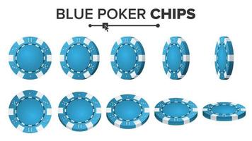 Blue Poker Chips Vector. 3D Realistic. Round Poker Game Chips Sign Isolated On White. Flip Different Angles. Big Win Concept Illustration. vector